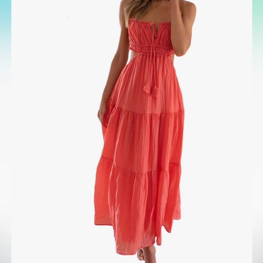 Coral Spaghetti Strap Coastal Cowgirl Tassel Tie Detail Beach Barbie Wedding